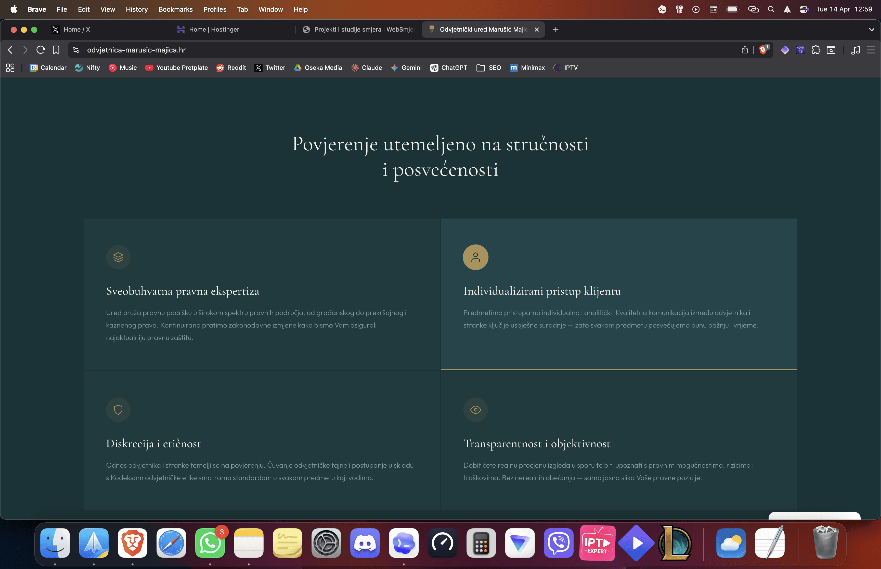 Unutarnja sekcija stranice Odvjetničkog ureda Marušić Majica s preglednim rasporedom informacija i kontaktnim smjerom.
