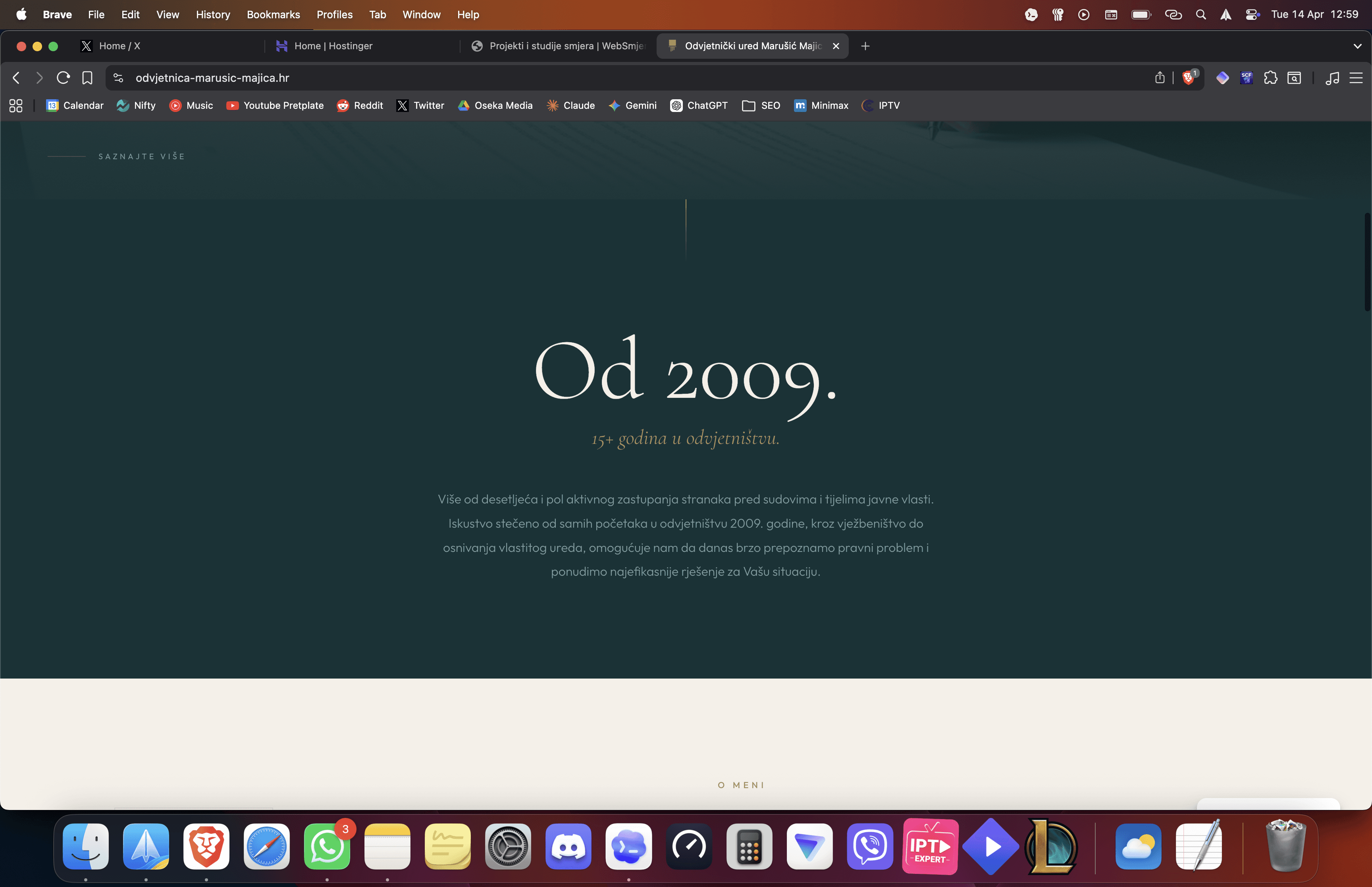 Sekcija web stranice Odvjetničkog ureda Marušić Majica s prikazom usluga i strukturiranim pravnim sadržajem.