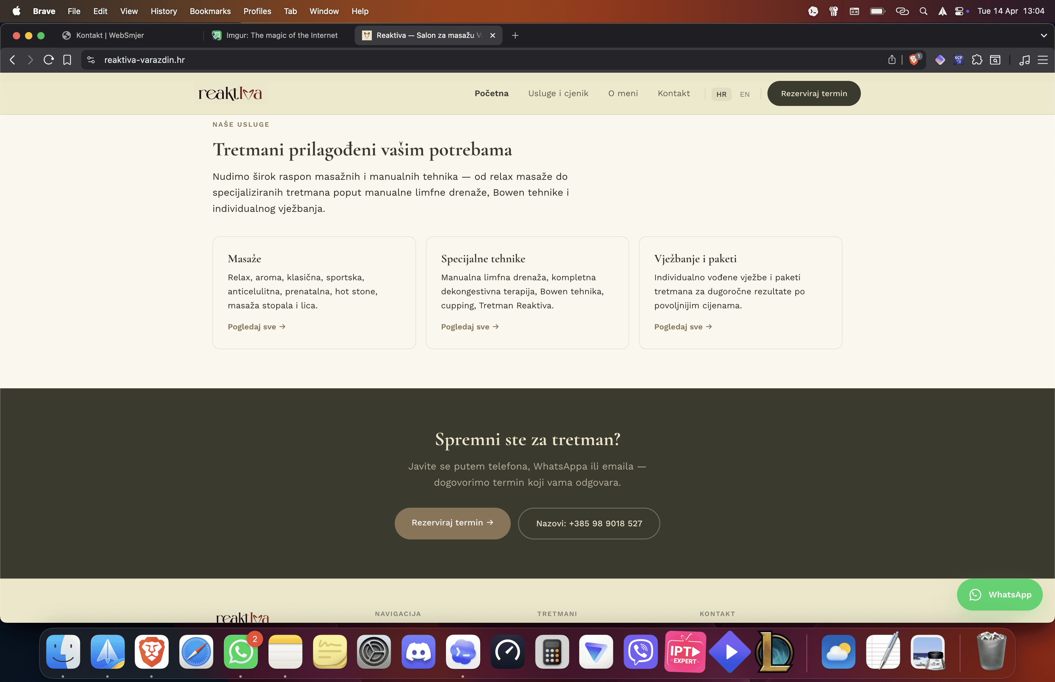 Kontaktni i rezervacijski dio web stranice salona za masažu s fokusom na jednostavan put do rezervacije.